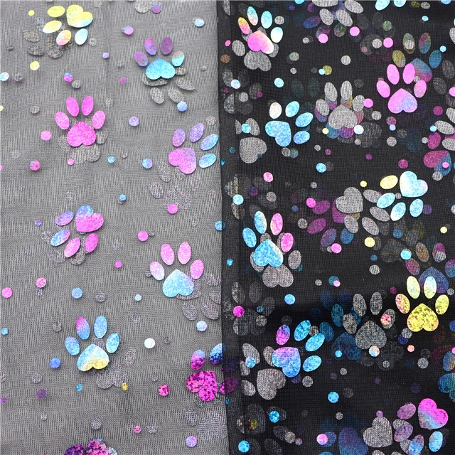 100% polyester colourful gold hot stamping colorful bear paw mesh fabric