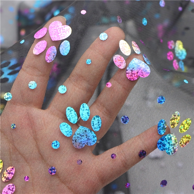 100% polyester colourful gold hot stamping colorful bear paw mesh fabric