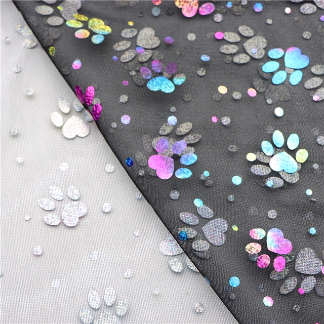 100% polyester colourful gold hot stamping colorful bear paw mesh fabric