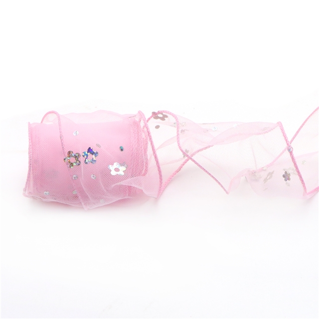 mesh laser flower line edged wired mesh ribbon