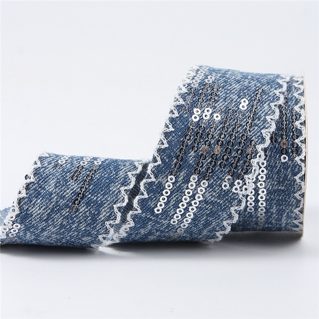 polyester sequins denim moon ribbon 02 white border denim blue,4cm(1.6