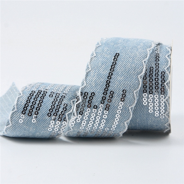 polyester sequins denim moon ribbon 01 white border light blue,4cm(1.6