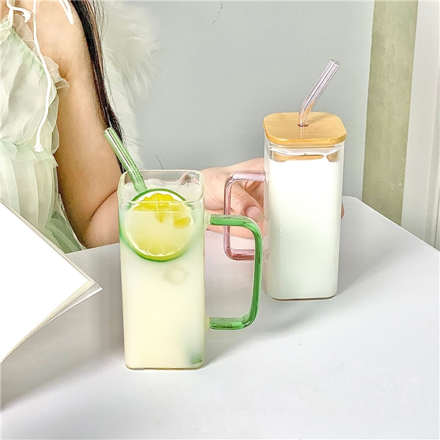 square glass cup with handle