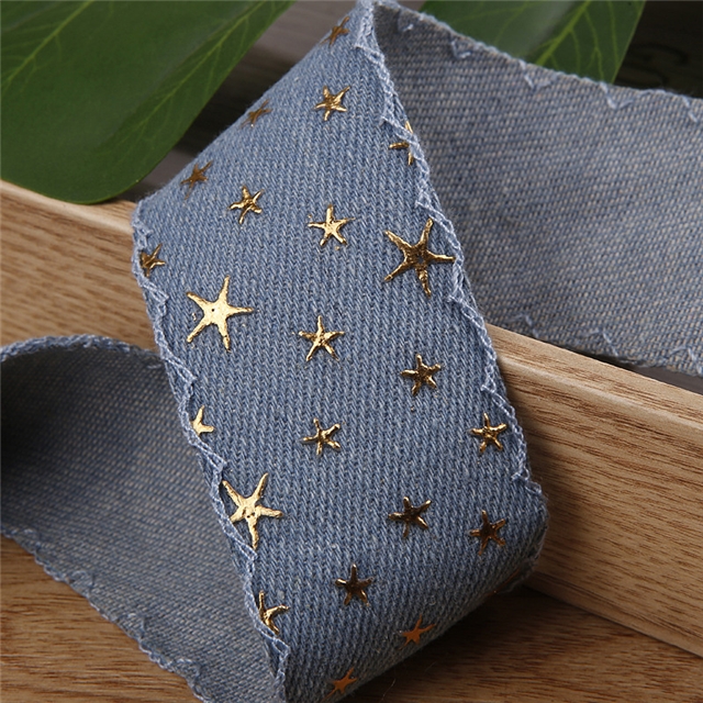 polyester gold foil star letters denim ribbon