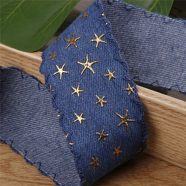polyester gold foil star letters denim ribbon