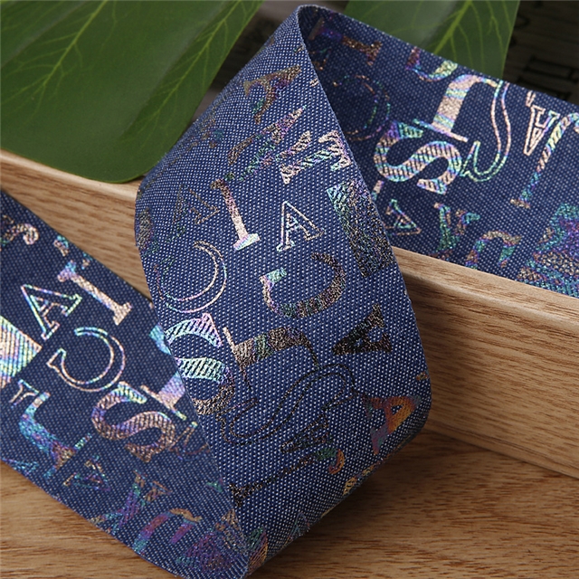 polyester gold foil star letters denim ribbon