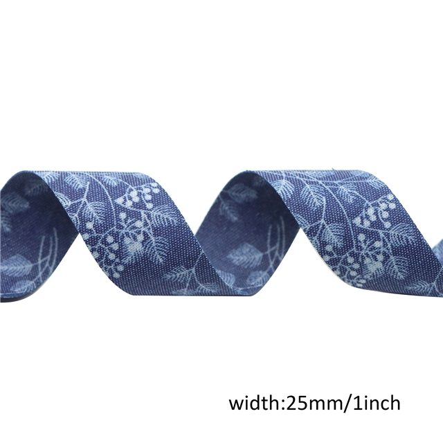 denim fabric bouquet leaves printed denim ribbon 25mm(1