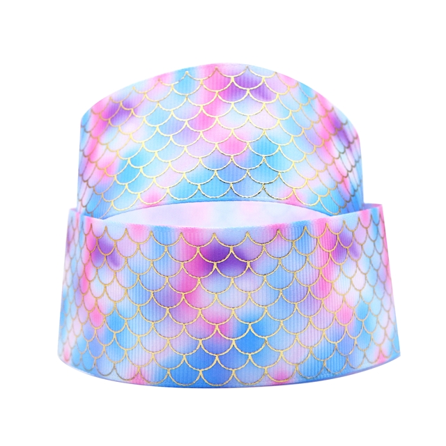 1.5‘’ heat transfersilver ribbon grosgrain mermaid scales pattern heat transfer gold hot stamping grosgrain ribbon light blue+pink,5yard