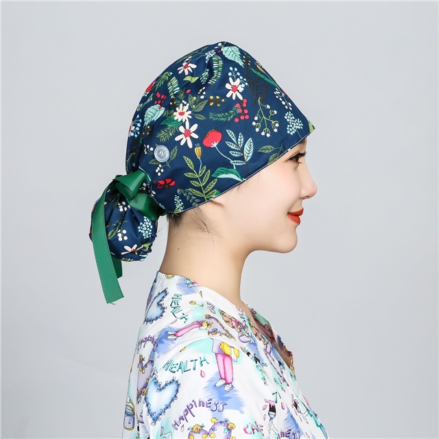 cotton printed button long hair strap surgical cap