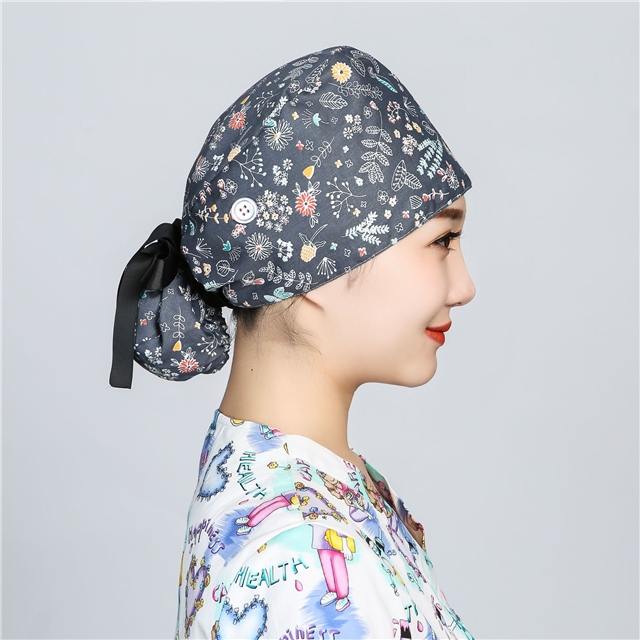 cotton printed button long hair strap surgical cap