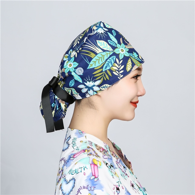 cotton printed button long hair strap surgical cap