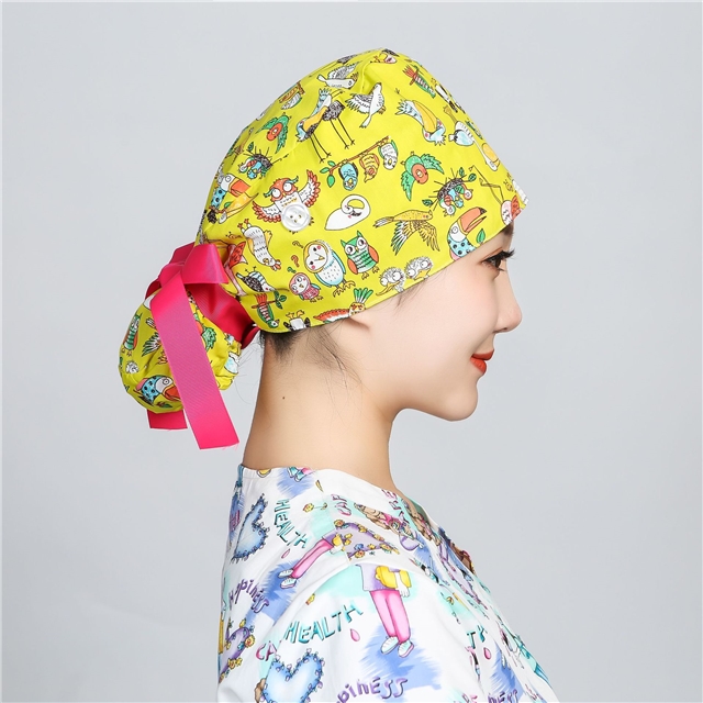 cotton printed button long hair strap surgical cap