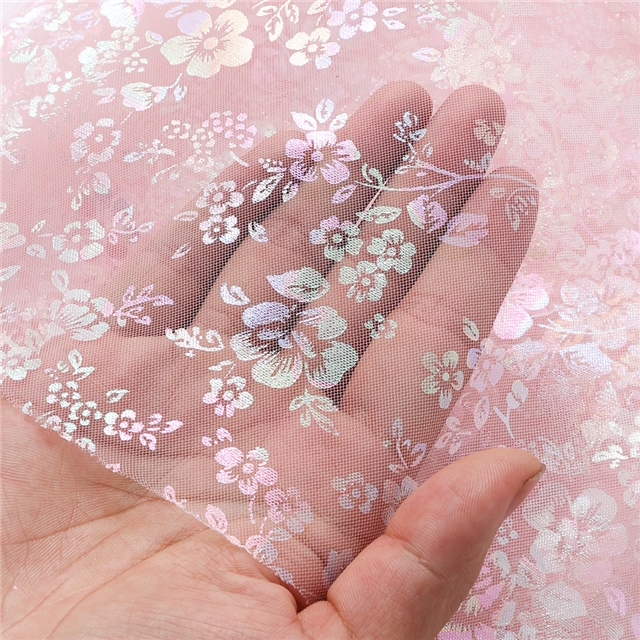 100% polyester colourful gold hot stamping flower mesh fabric