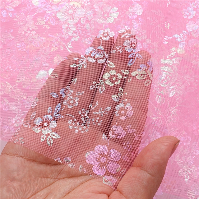 100% polyester colourful gold hot stamping flower mesh fabric