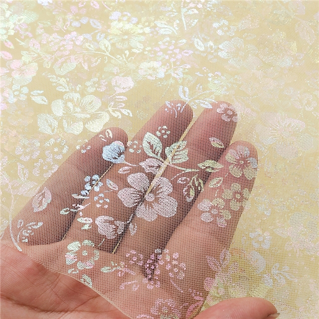 100% polyester colourful gold hot stamping flower mesh fabric
