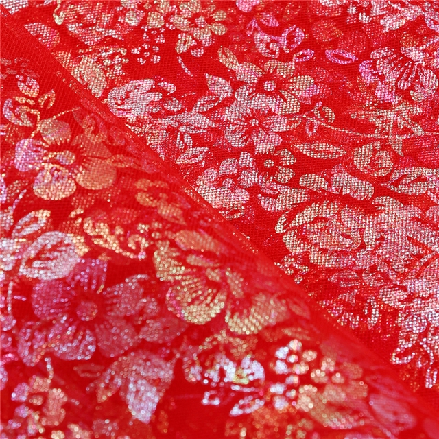100% polyester colourful gold hot stamping flower mesh fabric