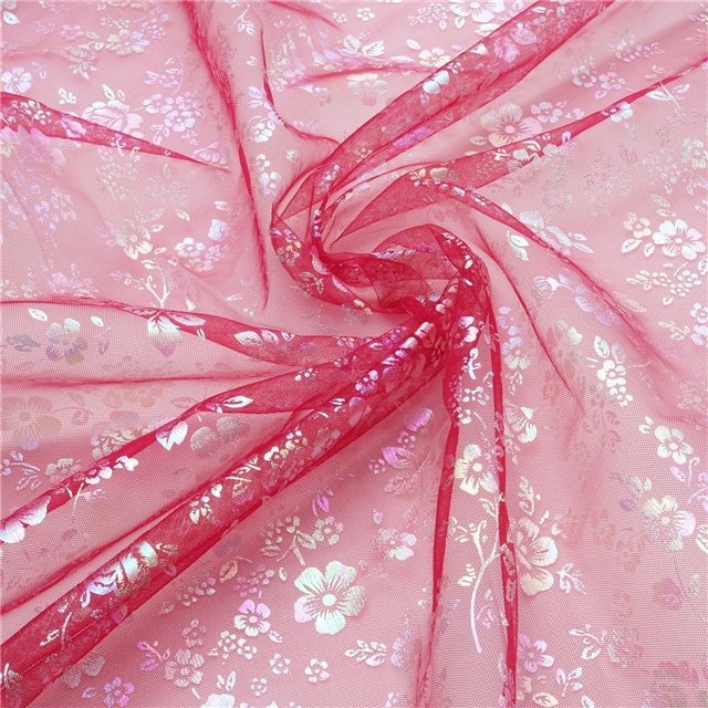 100% polyester colourful gold hot stamping flower mesh fabric