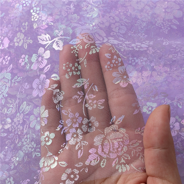 100% polyester colourful gold hot stamping flower mesh fabric