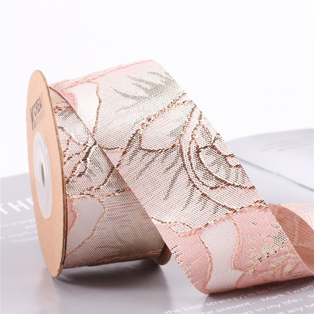 polyester vintage single-sided gold and silver embroidered flower ribbon 01,pink rose,2.5cm(1