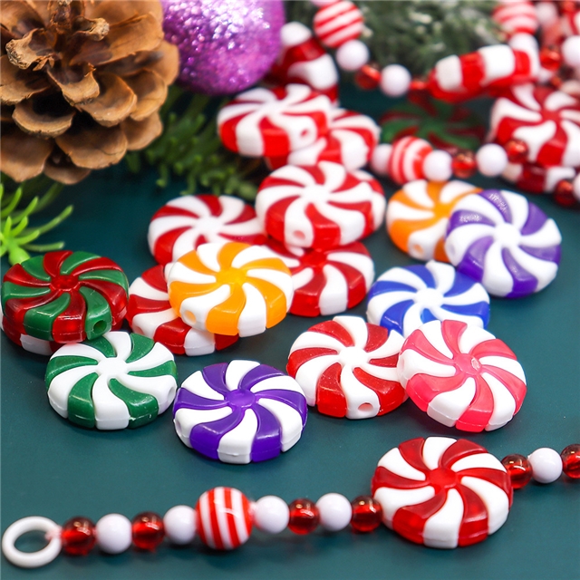 plastic double color christmas candy decorated with plastic beads (with hole)