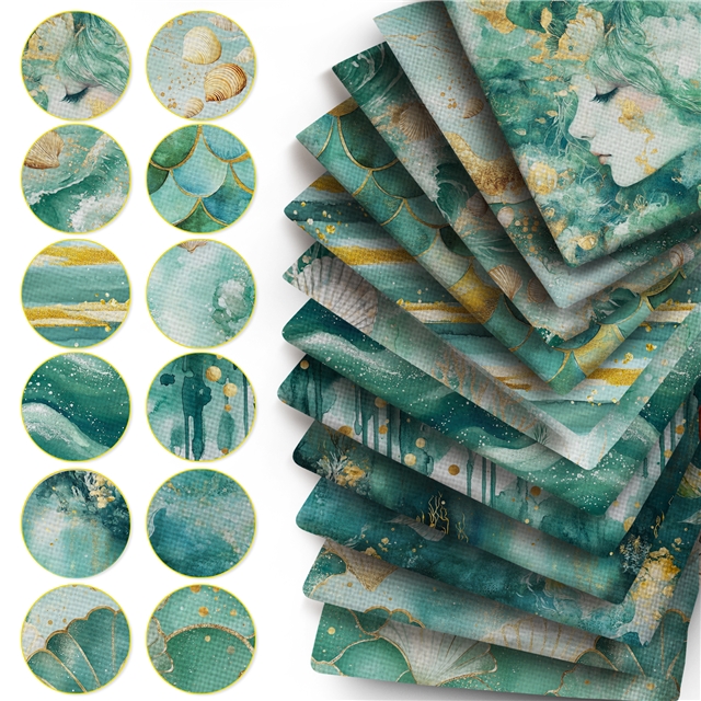 polyester cotton dyeing fish scale patterned shells green series polyester cotton fabric set (12 pcs/set) polyester cotton fabric,20*20cm(7.9*7.9