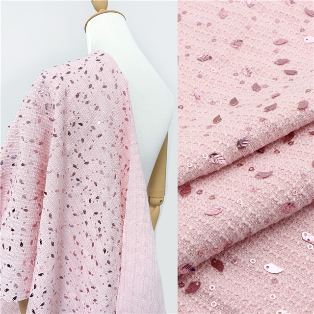 100% polyester leaf sequins woolen woven small fragrant fabric 7#pink,50*140cm(19.7*55.1