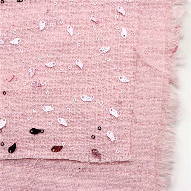 100% polyester leaf sequins woolen woven small fragrant fabric 7#pink,50*140cm(19.7*55.1