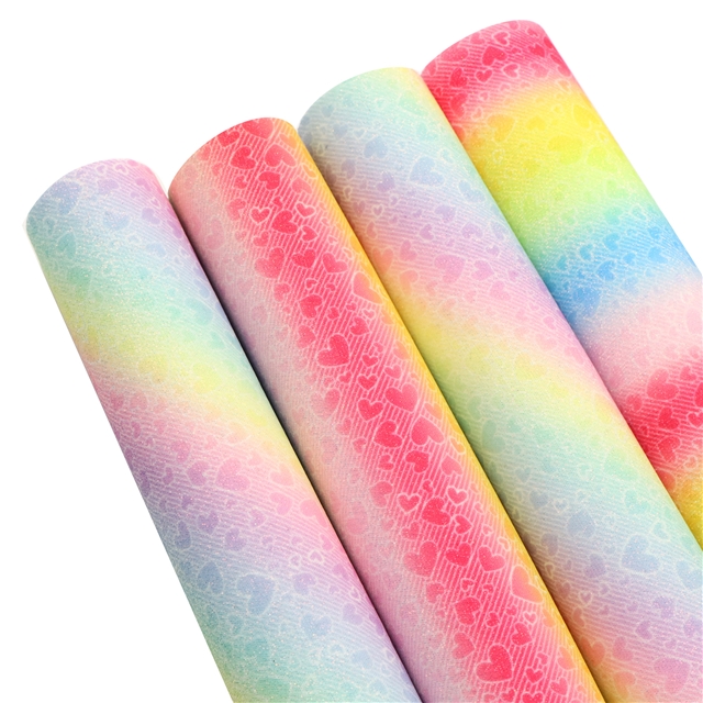 synthetic leather fine pink rainbow color diagonal heart faux leather