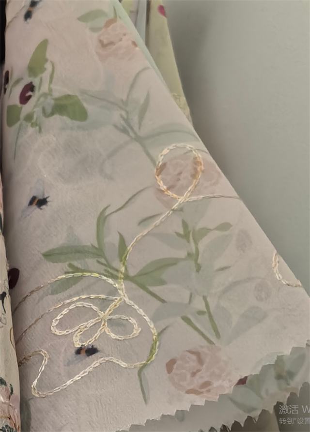 golden thread embroidery flower printed chiffon fabric