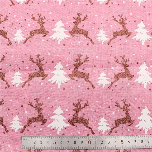 100％cotton christmas deer glitter ink printed imitation linen fabric