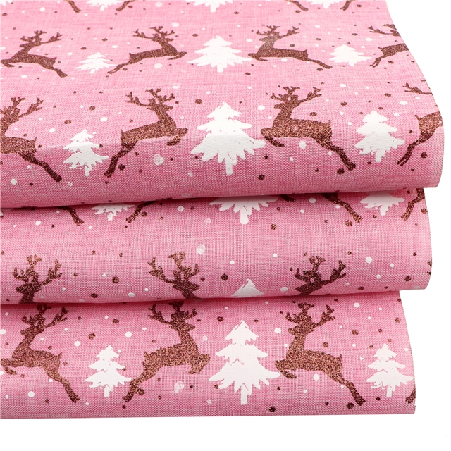 100％cotton christmas deer glitter ink printed imitation linen fabric light pink,50*148cm(19.7*58.3