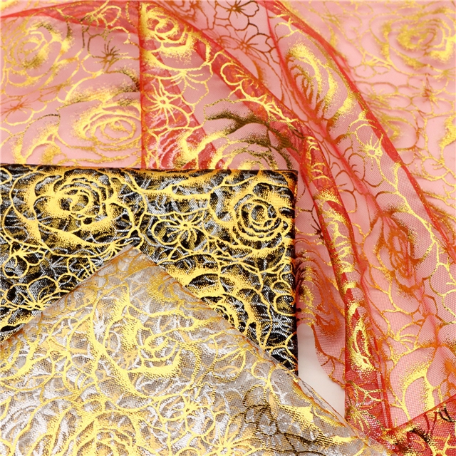 gold hot stamping rose mesh fabric