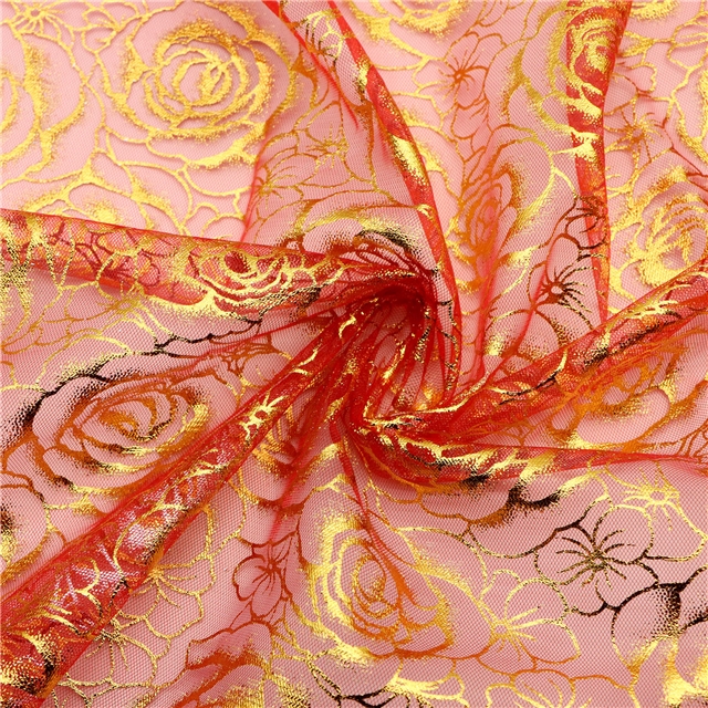 gold hot stamping rose mesh fabric