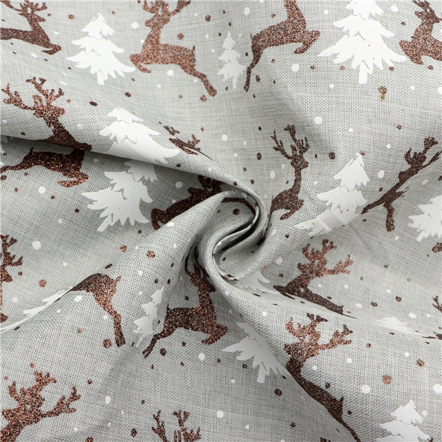 100％cotton christmas deer glitter ink printed imitation linen fabric
