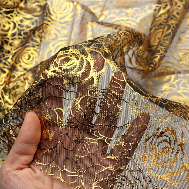 gold hot stamping rose mesh fabric