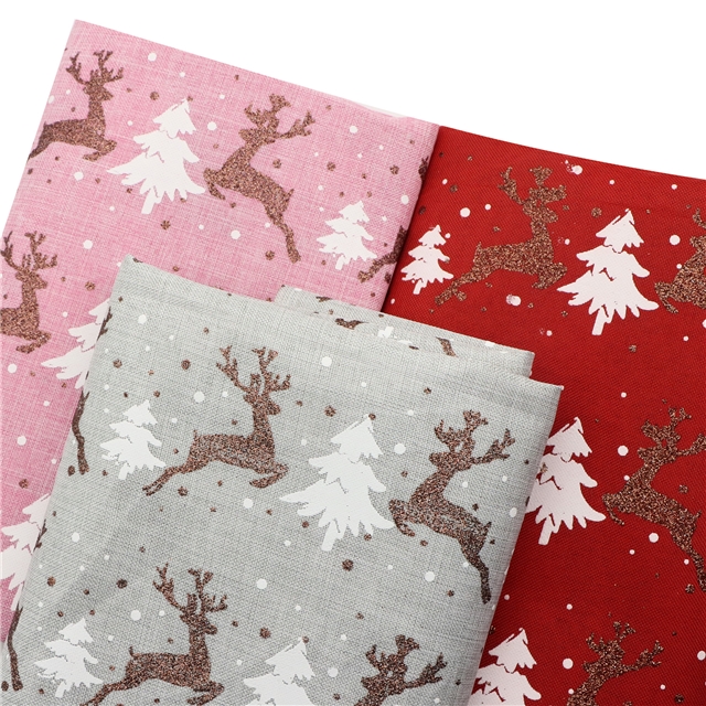 100％cotton christmas deer glitter ink printed imitation linen fabric