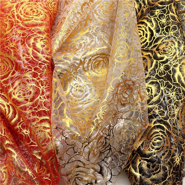 gold hot stamping rose mesh fabric