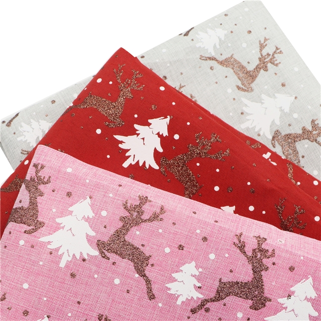 100％cotton christmas deer glitter ink printed imitation linen fabric