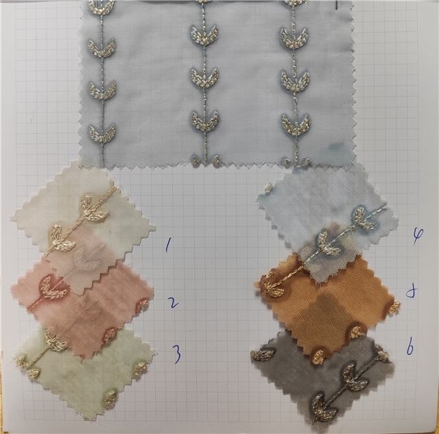 golden thread embroidered leaf chiffon fabric