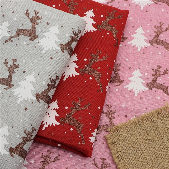100％cotton christmas deer glitter ink printed imitation linen fabric