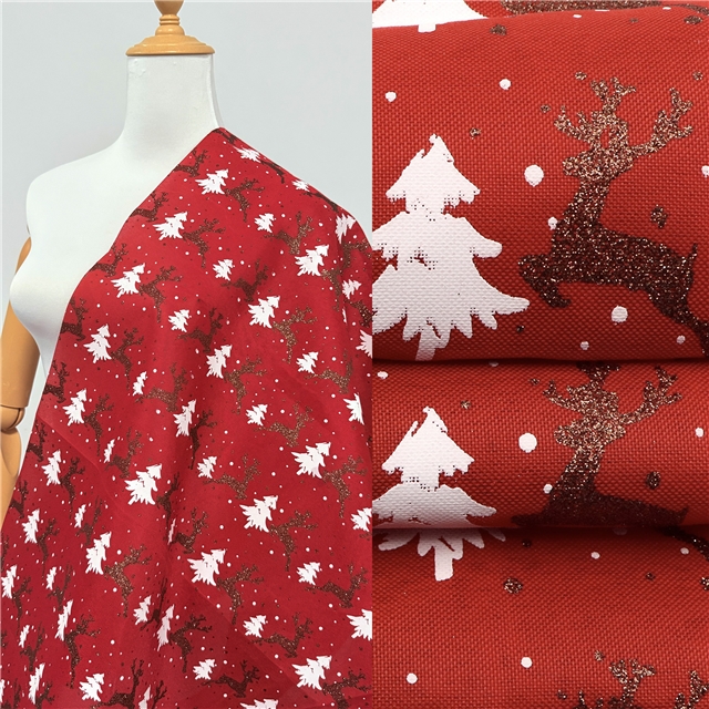 100％cotton christmas deer glitter ink printed imitation linen fabric