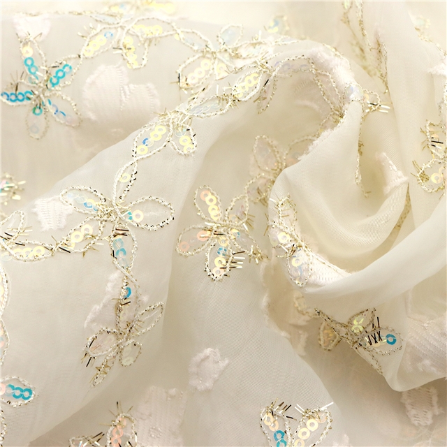 gold and silver silk sequin embroidery flower cutting organza fabric 1#,50*115cm(19.7*45.3