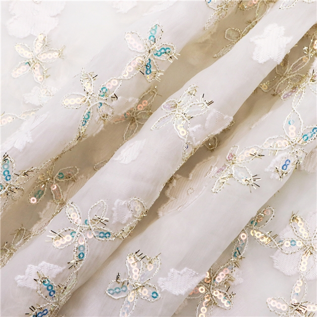 gold and silver silk sequin embroidery flower cutting organza fabric 1#,50*115cm(19.7*45.3