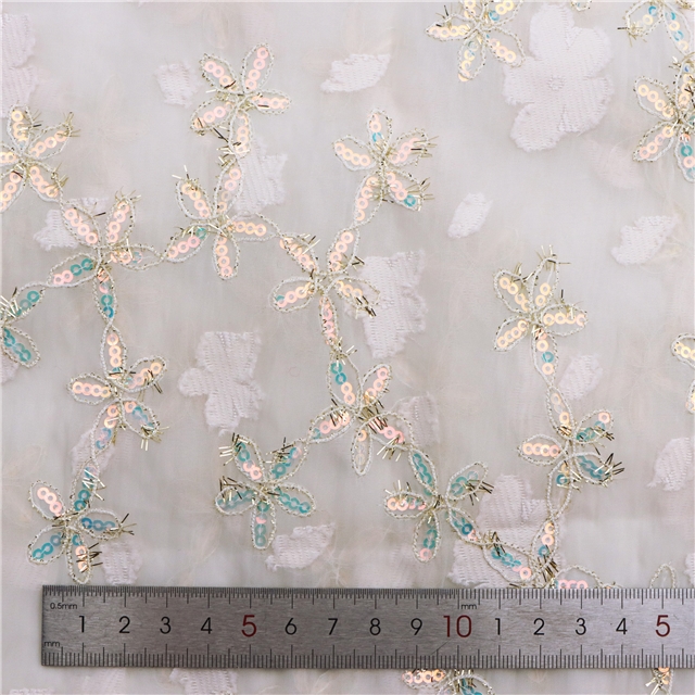 gold and silver silk sequin embroidery flower cutting organza fabric 1#,50*115cm(19.7*45.3