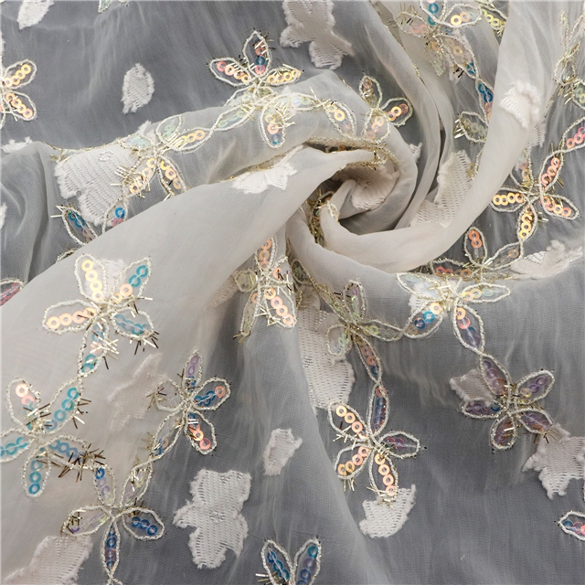 gold and silver silk sequin embroidery flower cutting organza fabric 1#,50*115cm(19.7*45.3