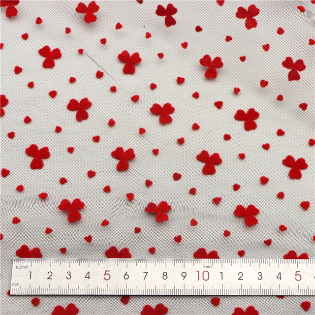 90% nylon and 10% spandex velvet red three petal flower heart mesh fabric
