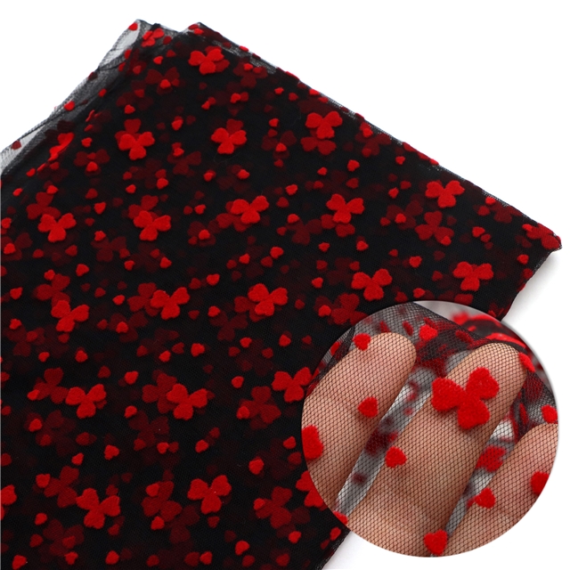 90% nylon and 10% spandex velvet red three petal flower heart mesh fabric