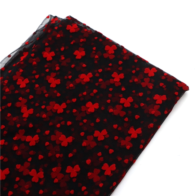 90% nylon and 10% spandex velvet red three petal flower heart mesh fabric