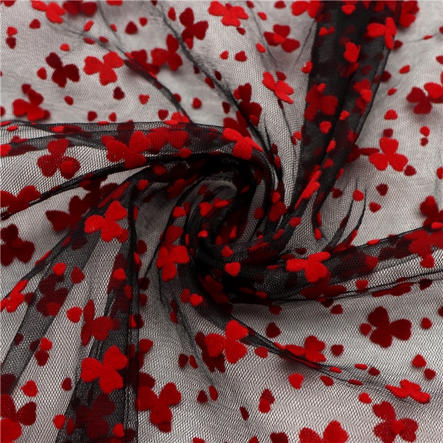 90% nylon and 10% spandex velvet red three petal flower heart mesh fabric