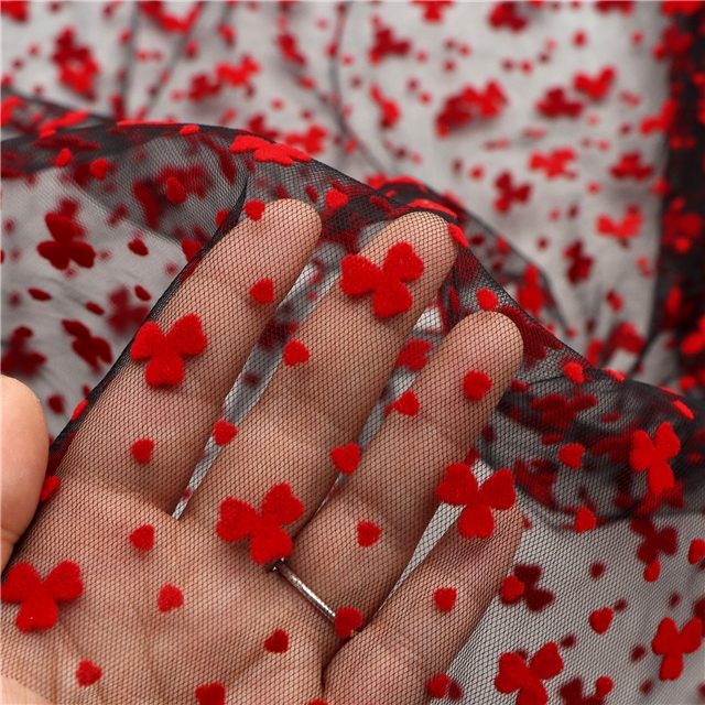 90% nylon and 10% spandex velvet red three petal flower heart mesh fabric